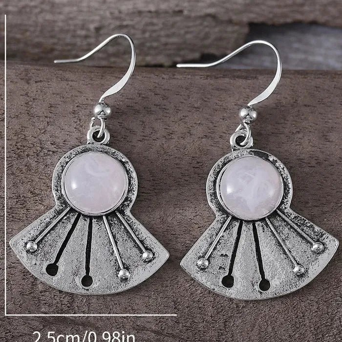 Vintage Zinc Alloy Carved Flower Fan-Shaped Earrings with Pink Gemstone Pendant for Women