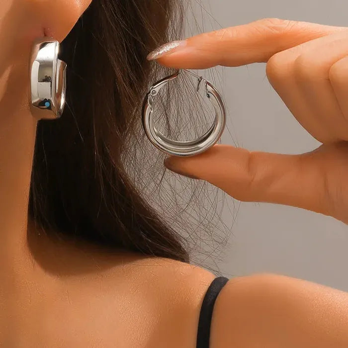 Gold C-Shaped Chunky Hoop Earrings Zinc Alloy Thick Huggie Jewelry Women
