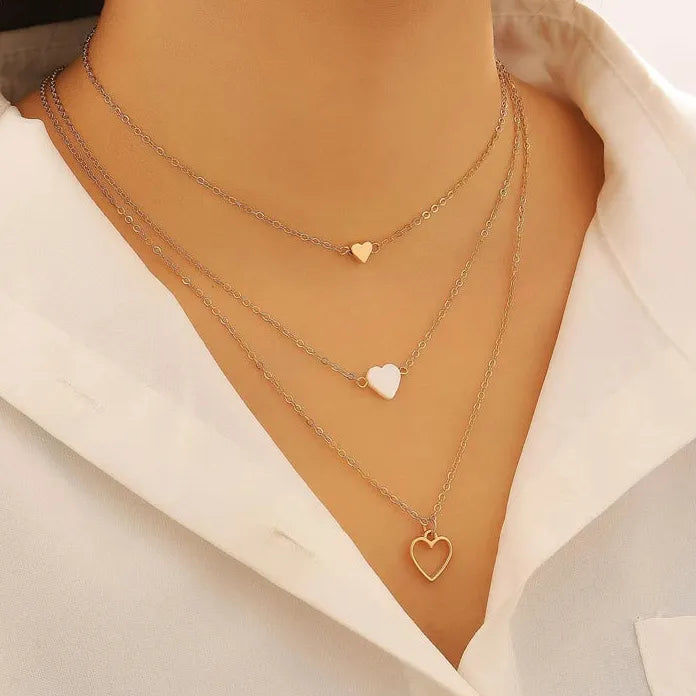 3Pcs Zinc Alloy Heart Pendant Necklace Layered Collarbone Chain Set Women