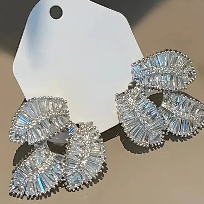 Silver Leaf Geometric Drop Earrings with Cubic Zirconia for Women Copper Alloy
