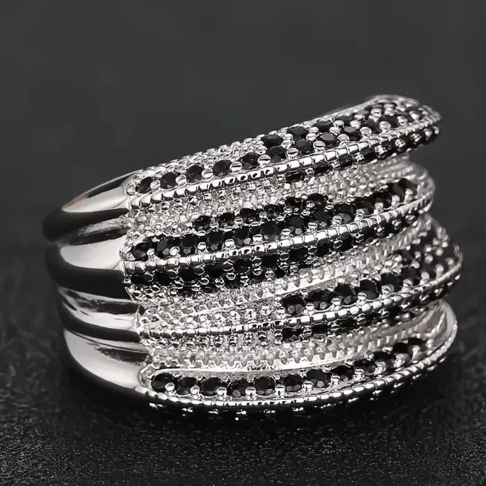 Hiphop Women’s Cocktail Ring Silver Color Brass Black Sparkling Cubic Zirconia Party Jewelry