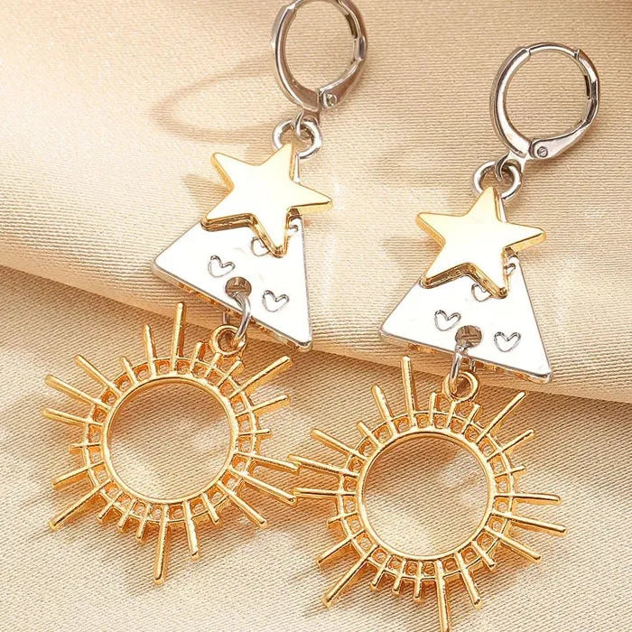 Vintage Zinc Alloy Geometric Sun Star Heart Triangle Drop Earrings Gift