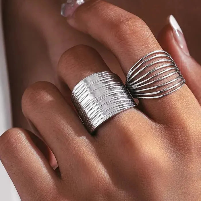 Adjustable Stainless Steel Hollow Geometric Open Ring for Women Gold Jewelry