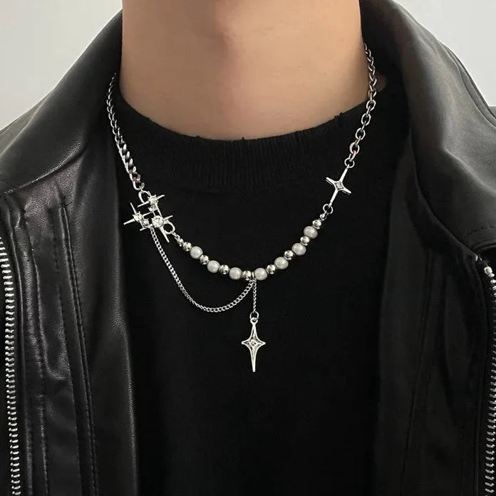 Kpop Star Pendant Necklace Men Women Beaded Pearl Tassel Choker Jewelry