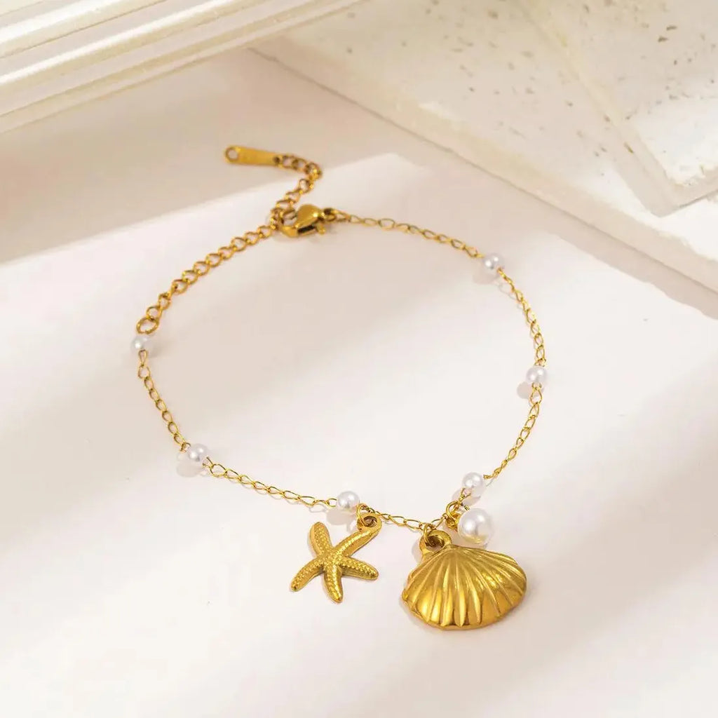 Stainless Steel Pearl Starfish Chain Bracelet Bangle for Women Ocean Jewelry