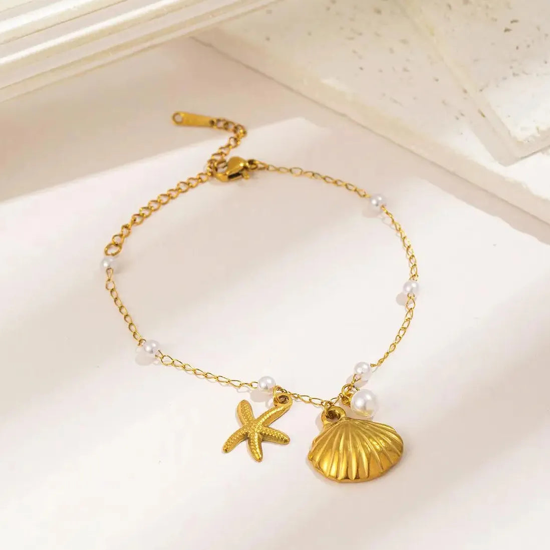 Stainless Steel Pearl Starfish Chain Bracelet Bangle for Women Ocean Jewelry