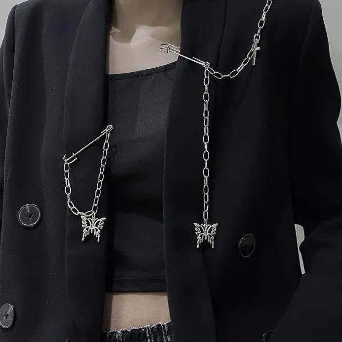 Vintage Butterfly Cross Chain Brooch Pin Zinc Alloy Metal Punk Jewelry Gift