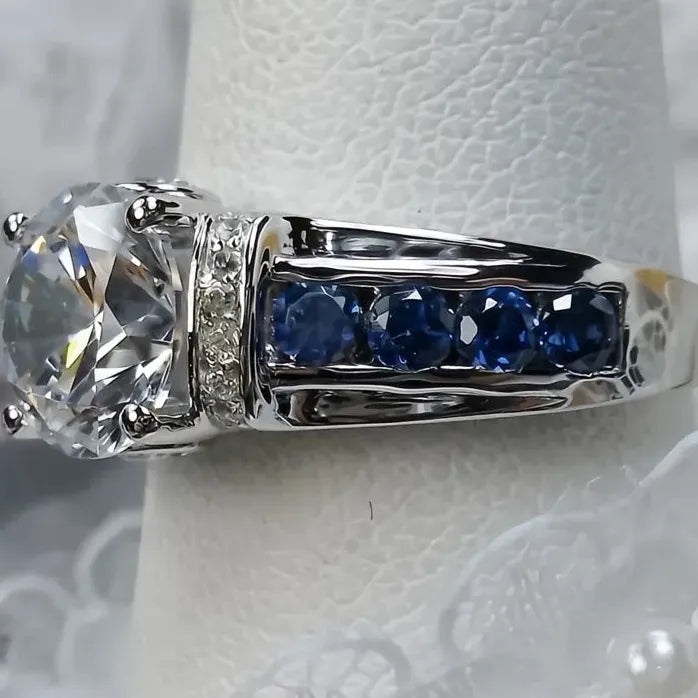 Elegant Brass Blue White CZ Geometric Wedding Band Ring for Women Gift
