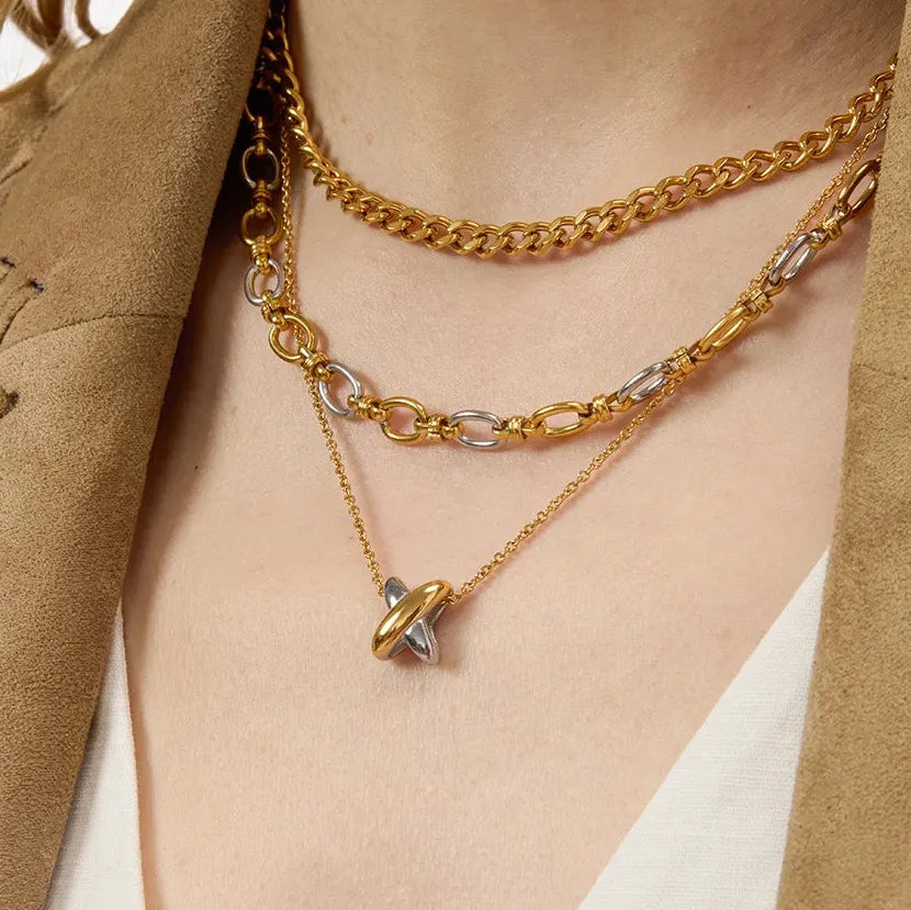 18K Gold Plated Stainless Steel Double Color Wide Cross Pendant Necklace Choker