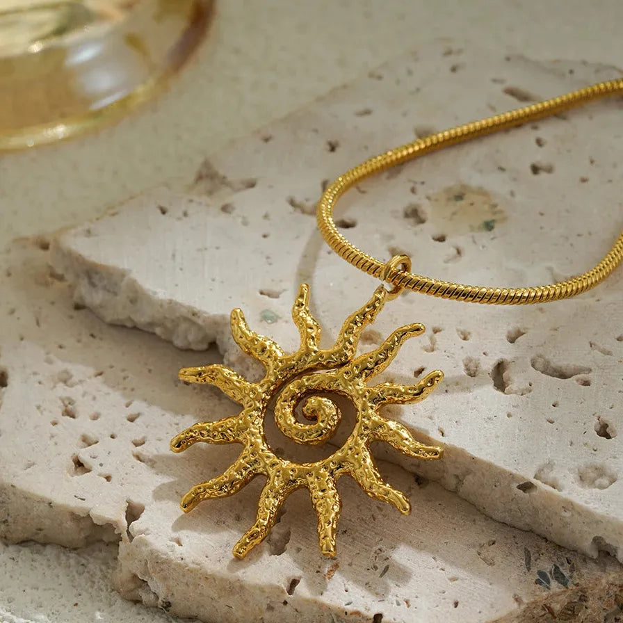 18K Gold Plated Stainless Steel Spiral Sun Pendant Necklace Choker Women Gift