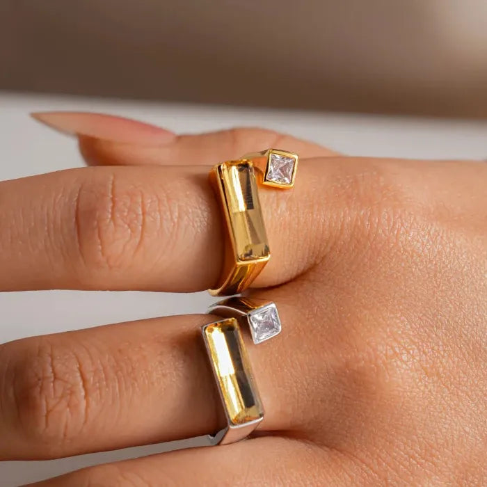 Copper Adjustable Square Rhinestone Ring for Women Men Banquet Jewelry Gift