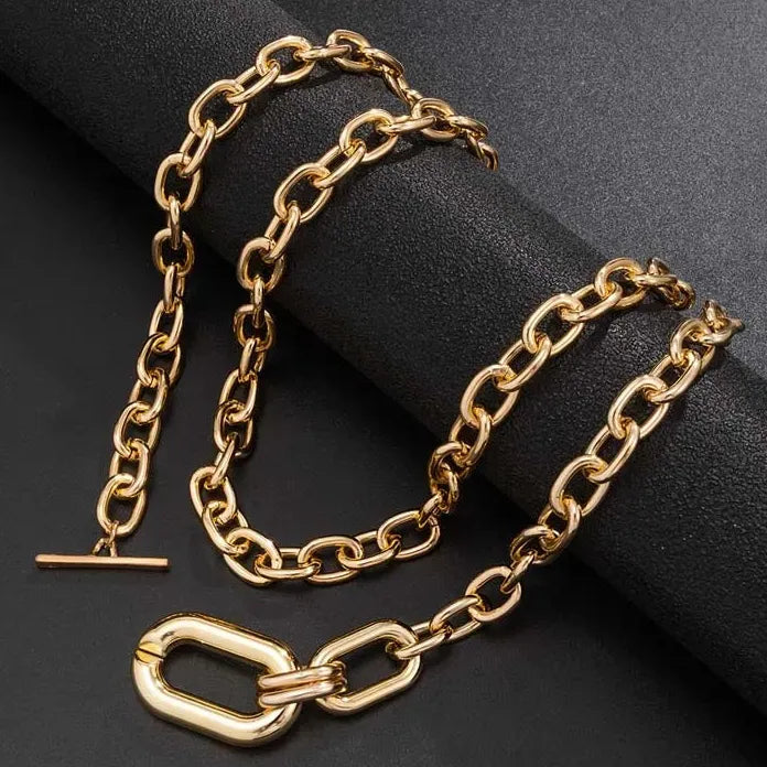 Gold Color Large Elliptical Geometric Pendant Necklace Chunky Chain Gift