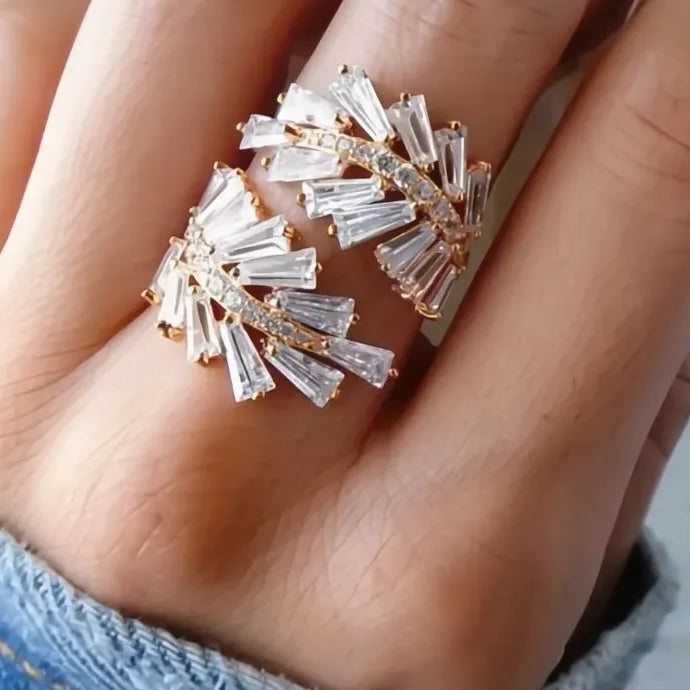 Adjustable Cubic Zirconia Leaf Ring Brass Wedding Bridal Jewelry Luxury
