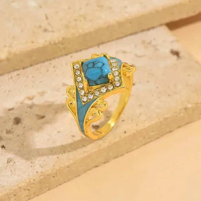 Vintage Bohemian Carved Flower Turquoise Ring Zinc Alloy Ethnic Style Gift