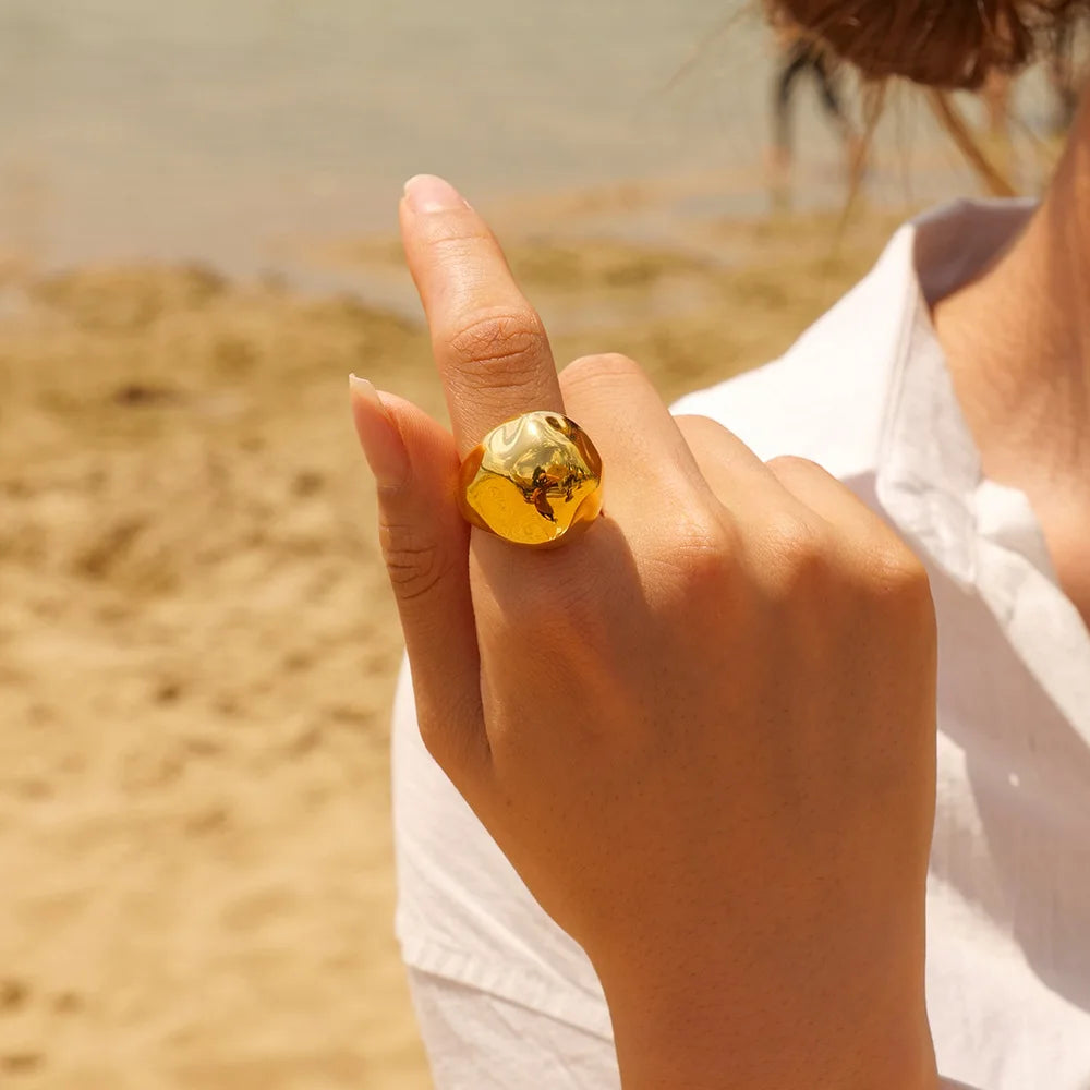 Gold Plated Stainless Steel Chunky Large Dome Ring Women Wedding Anniversary Gift