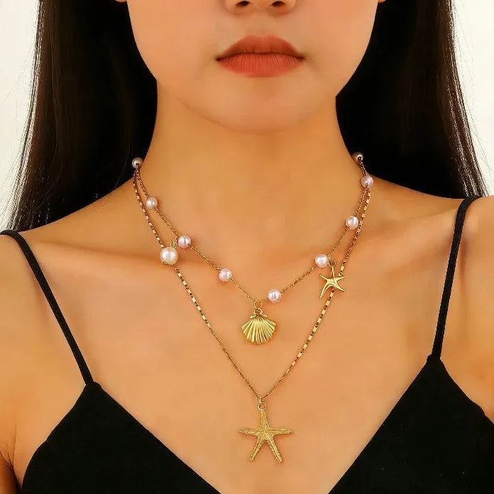 Starfish Shell Pearl Double-Layer Pendant Necklace for Women Zinc Alloy Gift