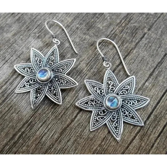 Bohemian Moonstone Drop Earrings Retro Carving Flower Pendant Zinc Alloy Gift