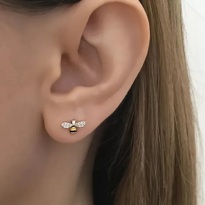 Dainty Geometric Bee Stud Earrings for Women Copper Alloy Cubic Zirconia Silver Gold