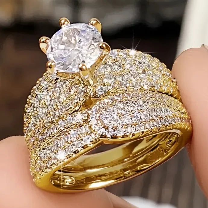 2Pcs Silver & Gold CZ Rings Set Bridal Wedding Jewelry Full Bling Luxury
