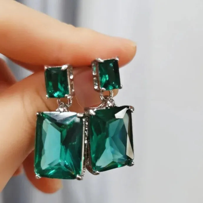Luxury Geometric Blue Cubic Zirconia Crystal Drop Earrings Gold Zinc Alloy Jewelry