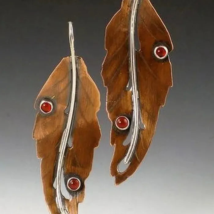 Vintage Metal Geometry Leaf Pendant Earrings with Red Stone Inlay for Women