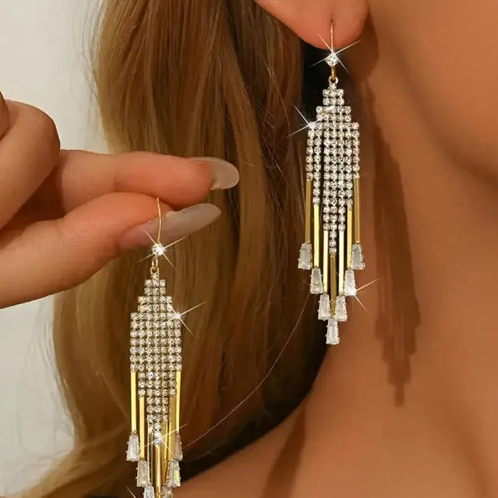 Luxury Copper Zircon Geometric Tassel Drop Earrings for Women Stylish Gift