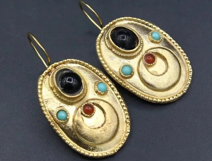 Vintage Gold Color Ornate Zinc Alloy Earrings Women Ethnic Turquoise Jewelry Gift