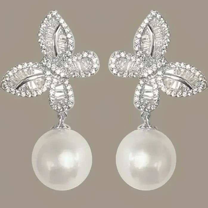 Butterfly Drop Earrings with Imitation Pearl & Sparkling CZ, Brass Jewelry