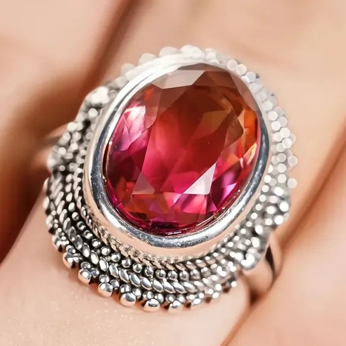 Vintage Geometric Red Cubic Zirconia Brass Ring for Women