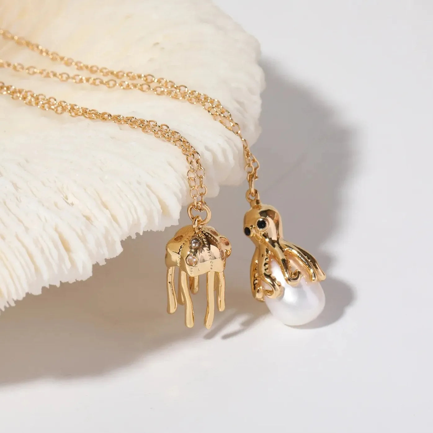 18K Gold Plated Octopus Pearl Necklace Ocean Jewelry Dainty Choker Pendant