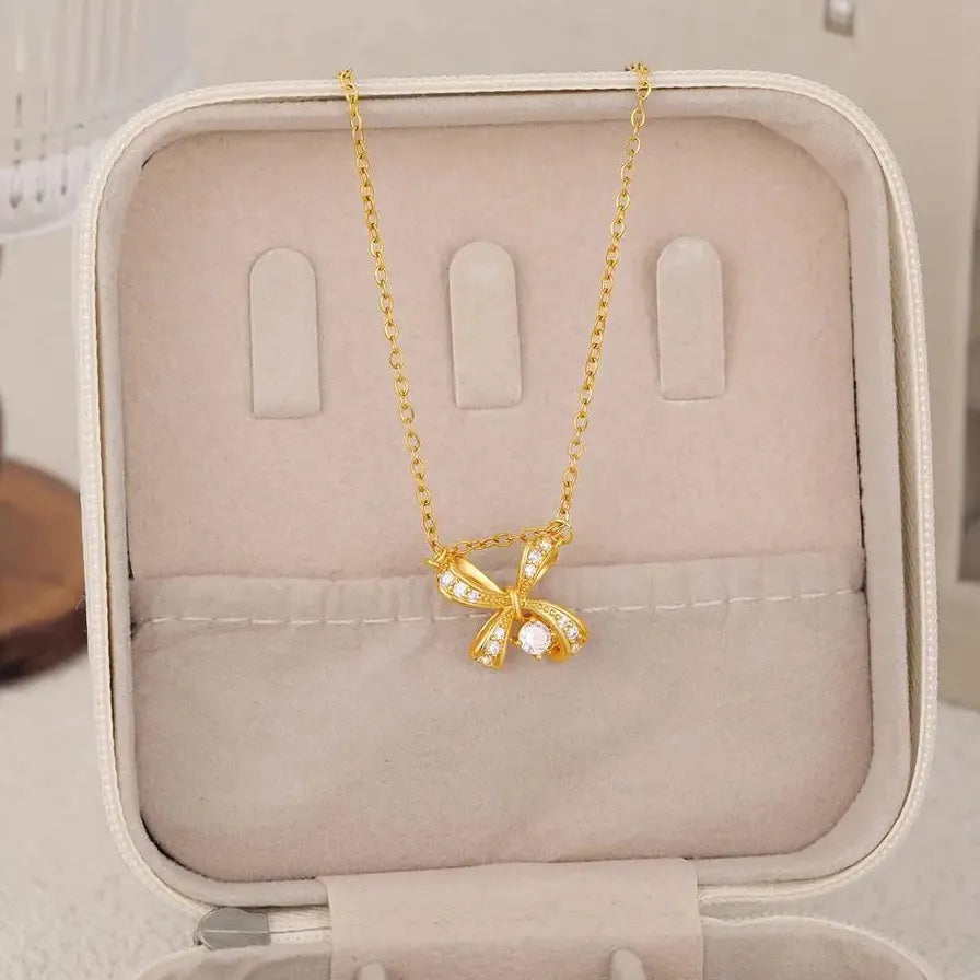 18K Gold Plated Butterfly Bowknot Pendant Necklace Women CZ Zircon Choker Jewelry