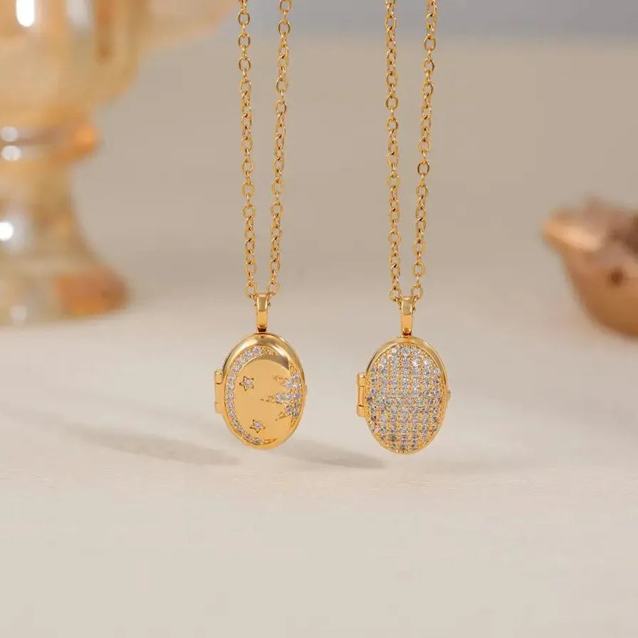 Openable Oval Zircon Photo Frame Pendant Necklace 18K Gold Plated Choker Jewelry