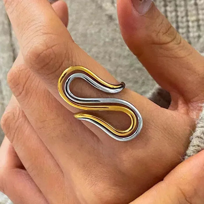 Stainless Steel Double S-Shaped Fashion Ring for Women Gold Silver Jewelry
