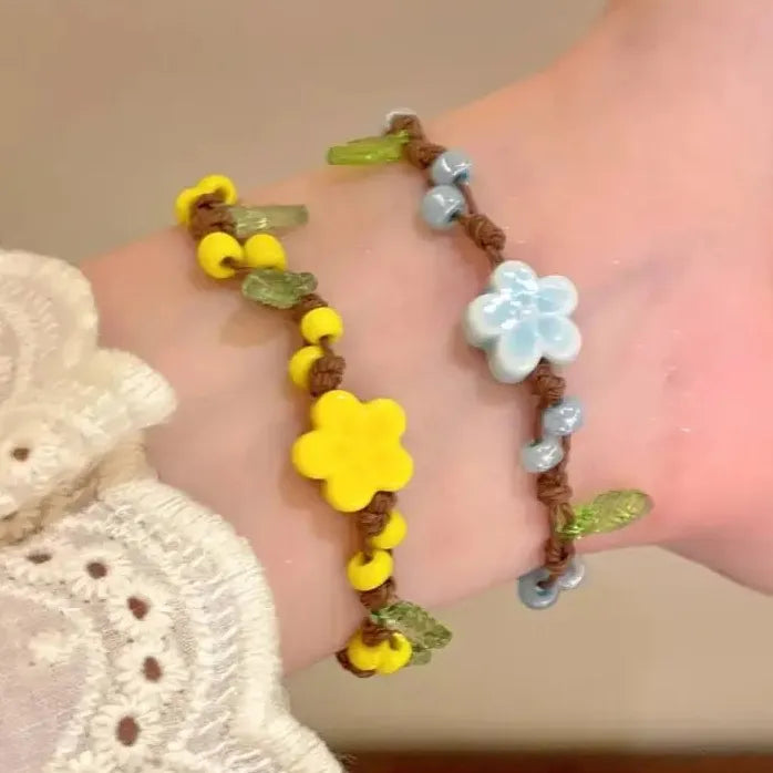 Ceramic Yellow Flower Beaded Rope Bracelet for Women Girls Spring Summer Jewelry