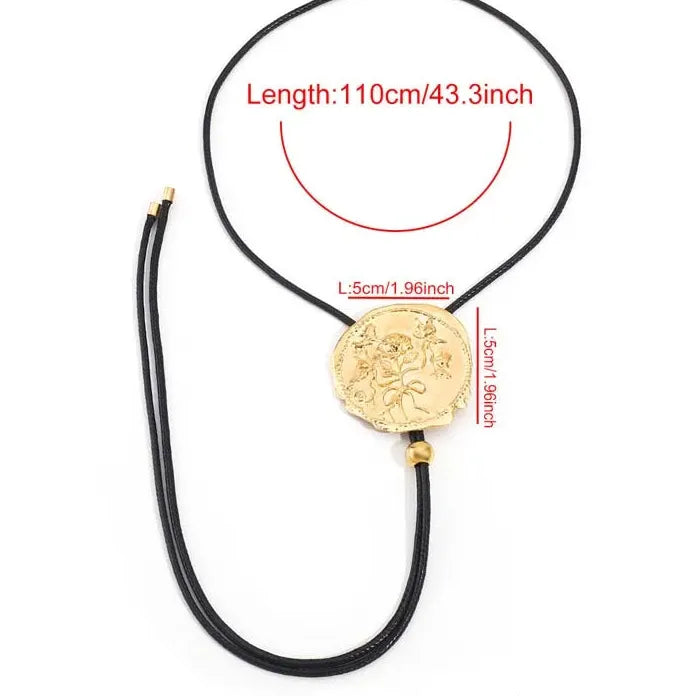 Vintage Geometric Round Pendant Necklace for Women Adjustable Black Leather Cord
