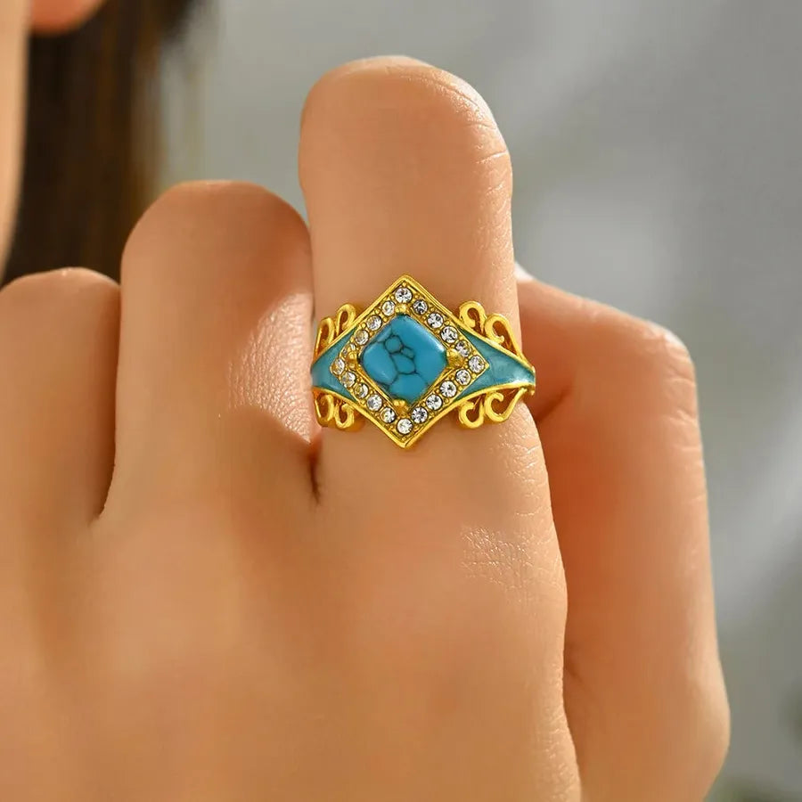 Vintage Bohemian Carved Flower Turquoise Ring Zinc Alloy Ethnic Style Gift