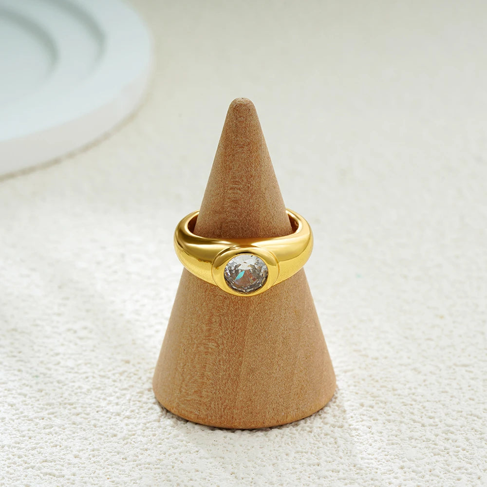 18K Gold Plated Stainless Steel Cubic Zirconia Geometric Wedding Ring Women