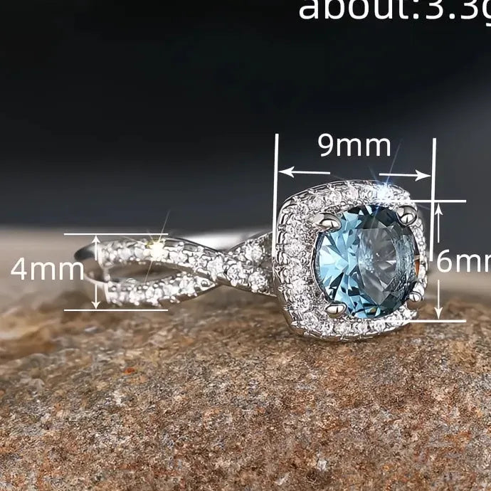 Women Silver Brass Ring with Blue CZ Cubic Zirconia for Party Wedding Jewelry