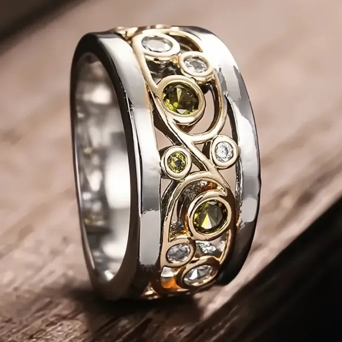 Two Tone Hollow Brass CZ Ring for Women Elegant Wedding Party Band