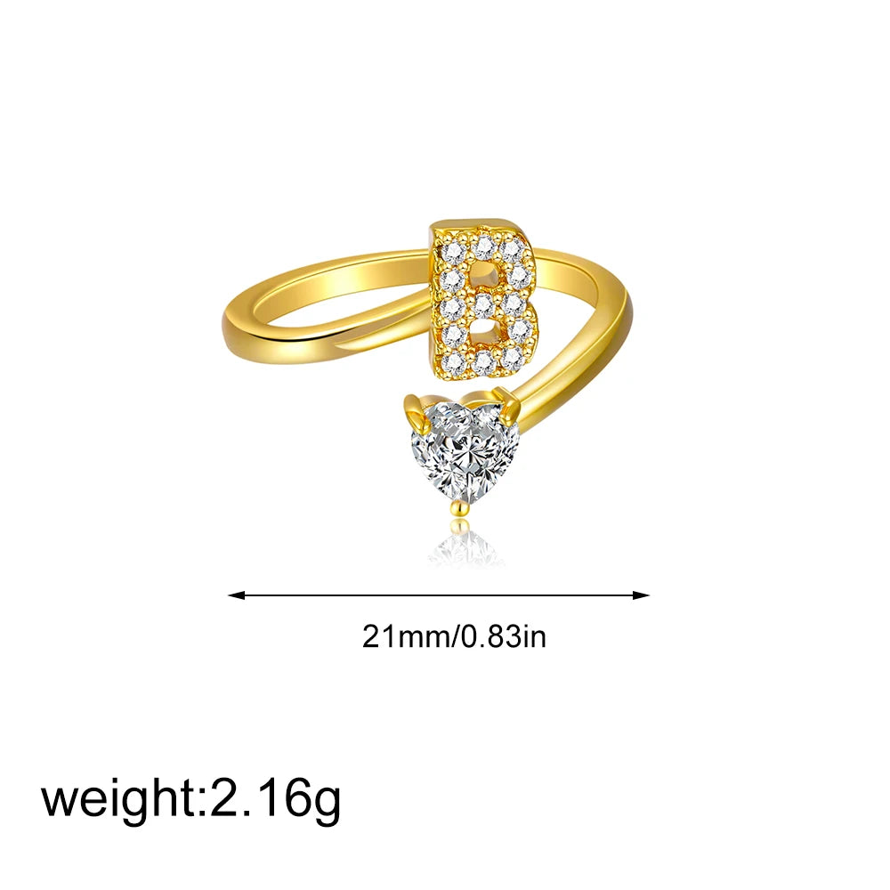Polished Gold Plated Copper A-Z Letter Initial Ring with Zircon Heart Wedding Jewelry