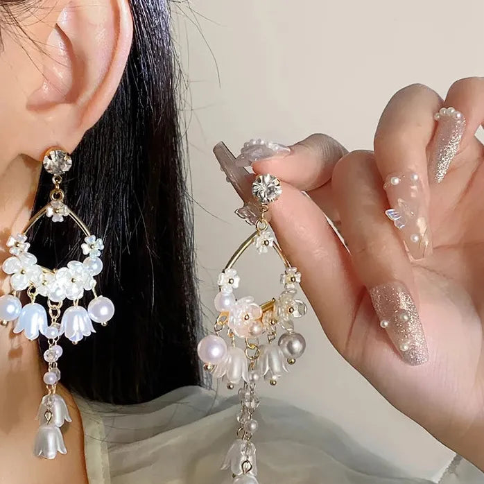 Inlaid Rhinestone Pearl Lily of the Valley Drop Earrings for Women Gift Jewelry