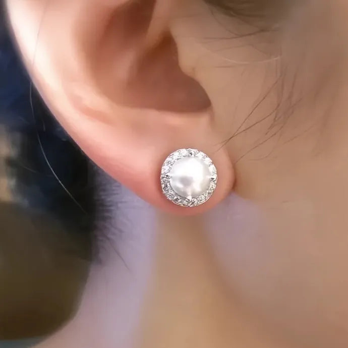 Classic Simulated Pearl Cubic Zirconia Stud Earrings for Women Copper Alloy