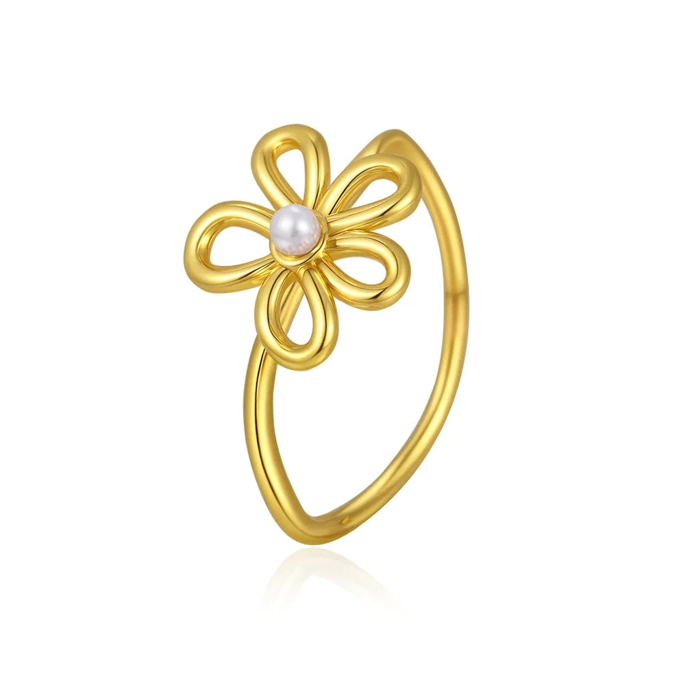 18K Gold Plated Stainless Steel Flower Ring with Imitation Pearl for Women Wedding