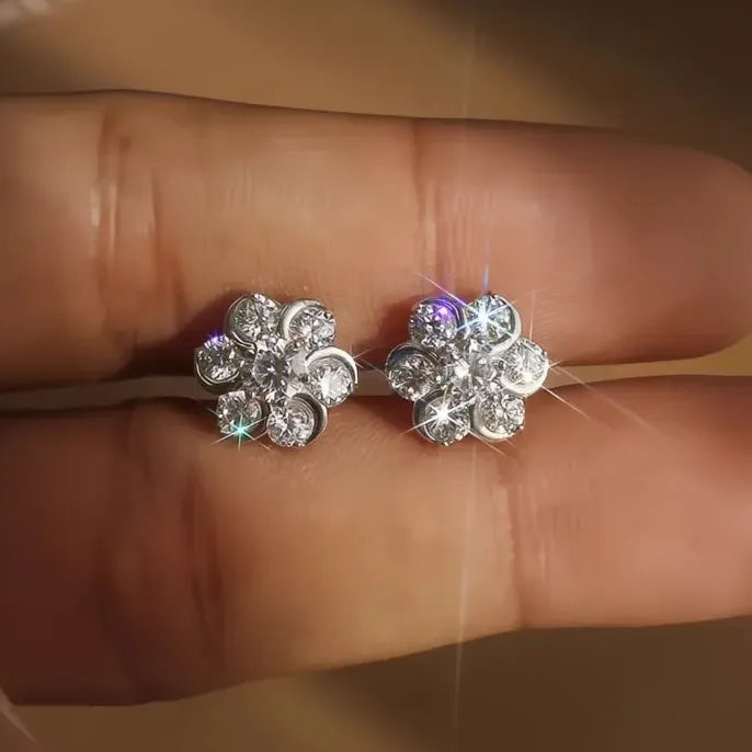 Flower-Shaped Geometric Stud Earrings with Cubic Zirconia in Copper Alloy