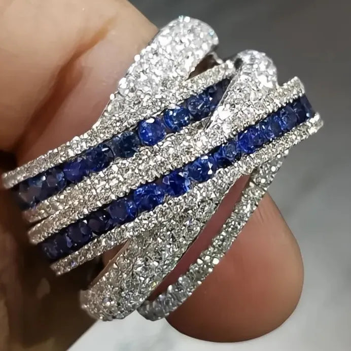 Geometric Cross Women’s Ring with Blue & White CZ for Wedding Party