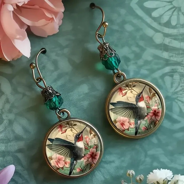Vintage Green Glass Bead Hummingbird Flower Dangle Earrings for Women