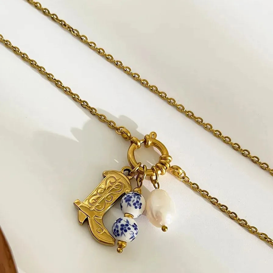 18k Gold Stainless Steel Cowboy Boot Pendant Necklace Pearl Choker Blue White Porcelain