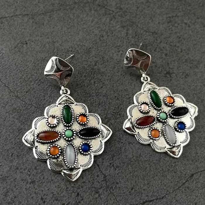 Retro Ethnic Style Antique Silver Drop Earrings with Colorful Gemstones, Lightweight Zinc Alloy