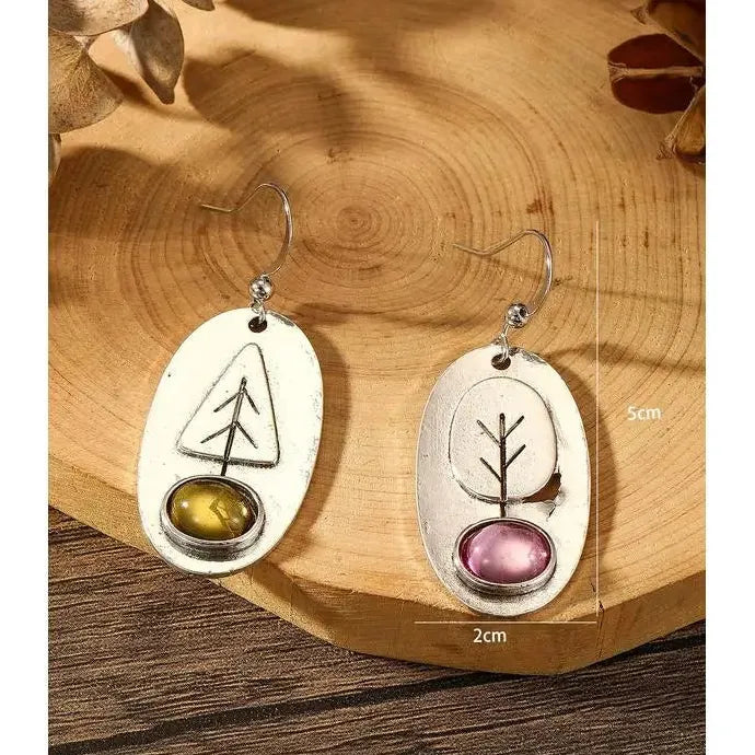 Silver Rose Gold Oval Tree Geometry Long Dangle Earrings for Women Wedding Jewelry