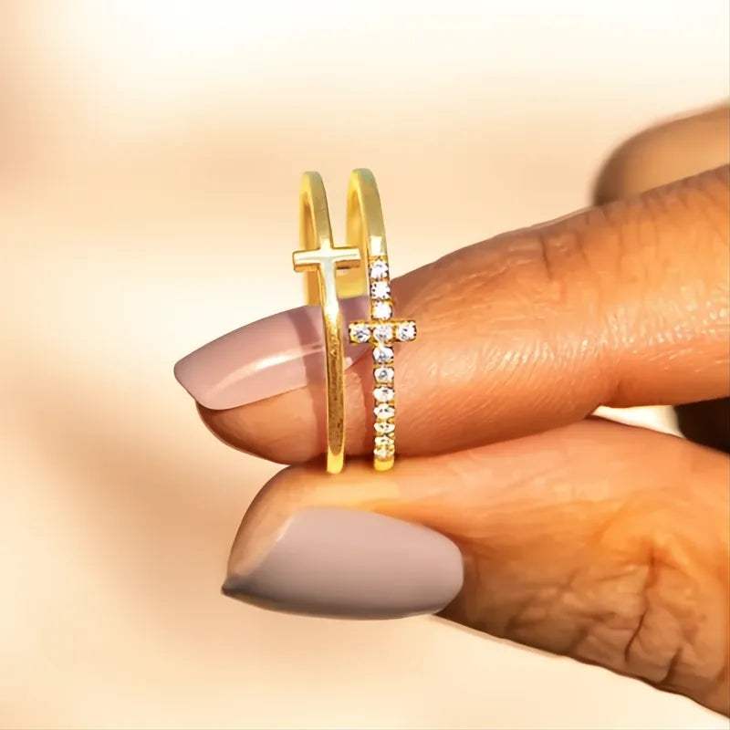 Gorgeous Women’s Double Layer Cross Ring Brass Cubic Zirconia Fashion Jewelry